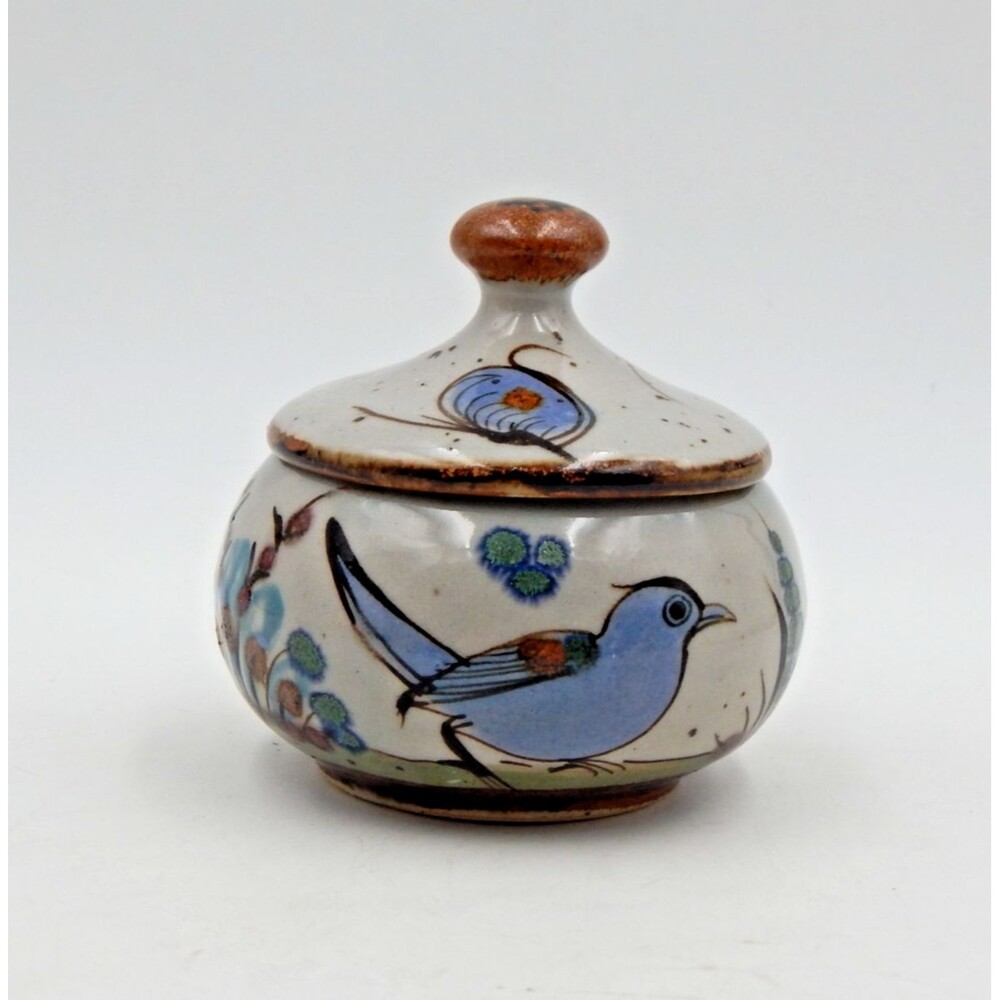 Tonala Ken Edwards Pottery Lidded Sugar Bowl Covered Bird Butterfly Gray Blue